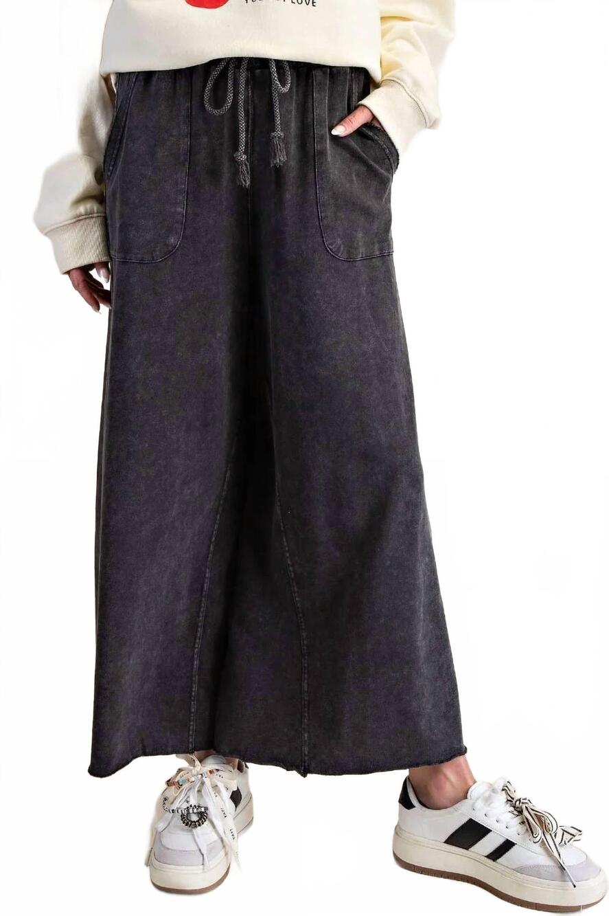 NEW EASEL jordan wide leg pants in black mineral-washed